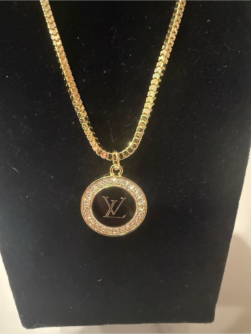 Upcycled Louis Vuitton Gold and Black Crystal-Trimmed Pendant Necklace